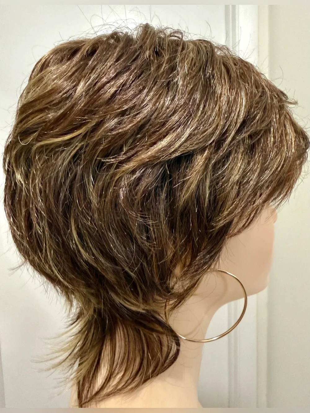 HAIR, Pixie Cut with bangs, Free Part, Brown Highlighted